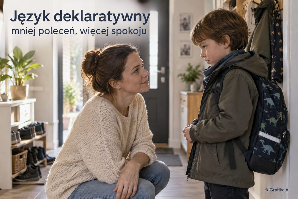 Matka rozmawia z dzieckiem przed wyjściem do szkoły