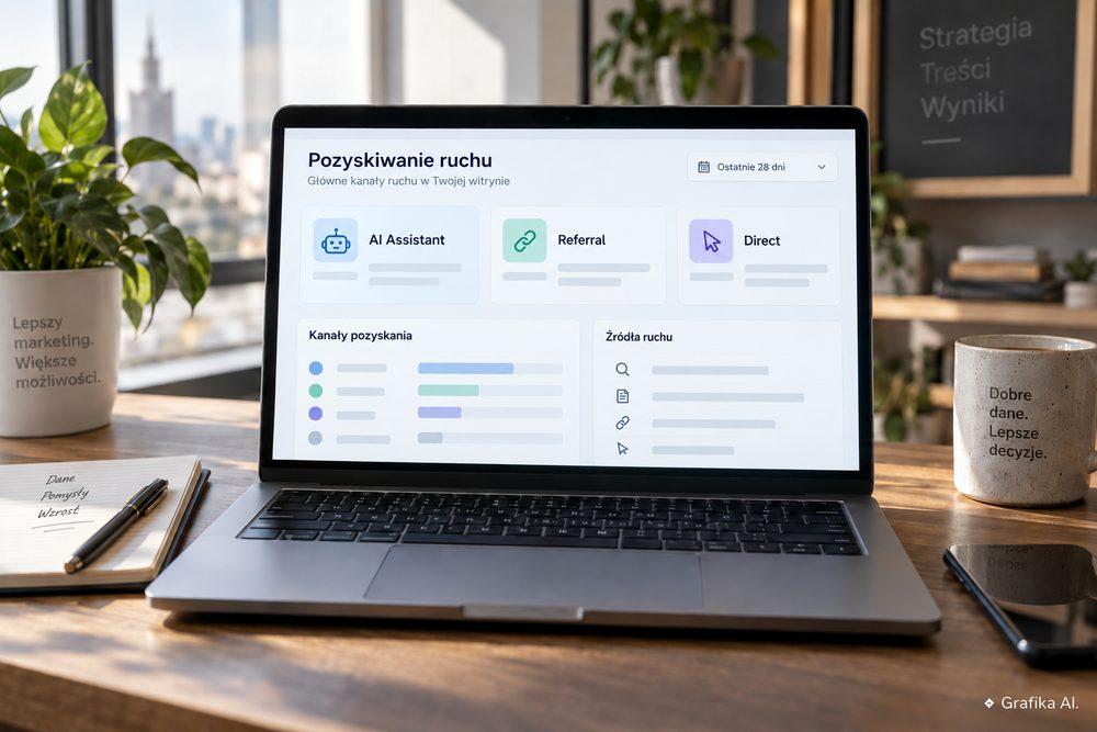Raport ruchu w GA4 z kanałami AI Assistant, Referral i Direct